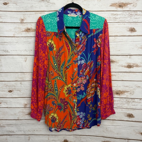 Soft Surroundings Colorblock Paisley Floral Long Sleeve Boho Blouse - Picture 1 of 8